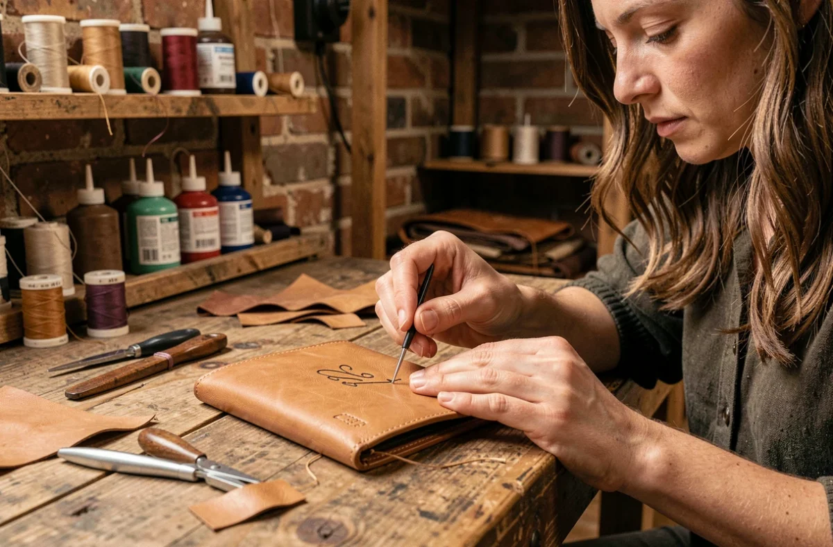 Femme artisane personnalisant un portefeuille en cuir beige avec une aiguille et du fil ciré dans un atelier rustique