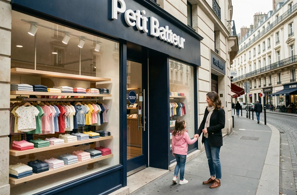 Devanture du magasin Petit Bateau à Lyon avec une vitrine de vêtements enfants et une mère et sa fille devant la boutique