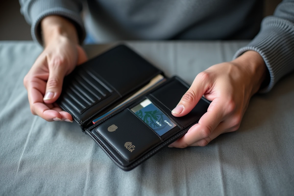 Mains d'homme rangeant passeport et cartes dans un porte-carte de voyage anti-RFID noir en cuir