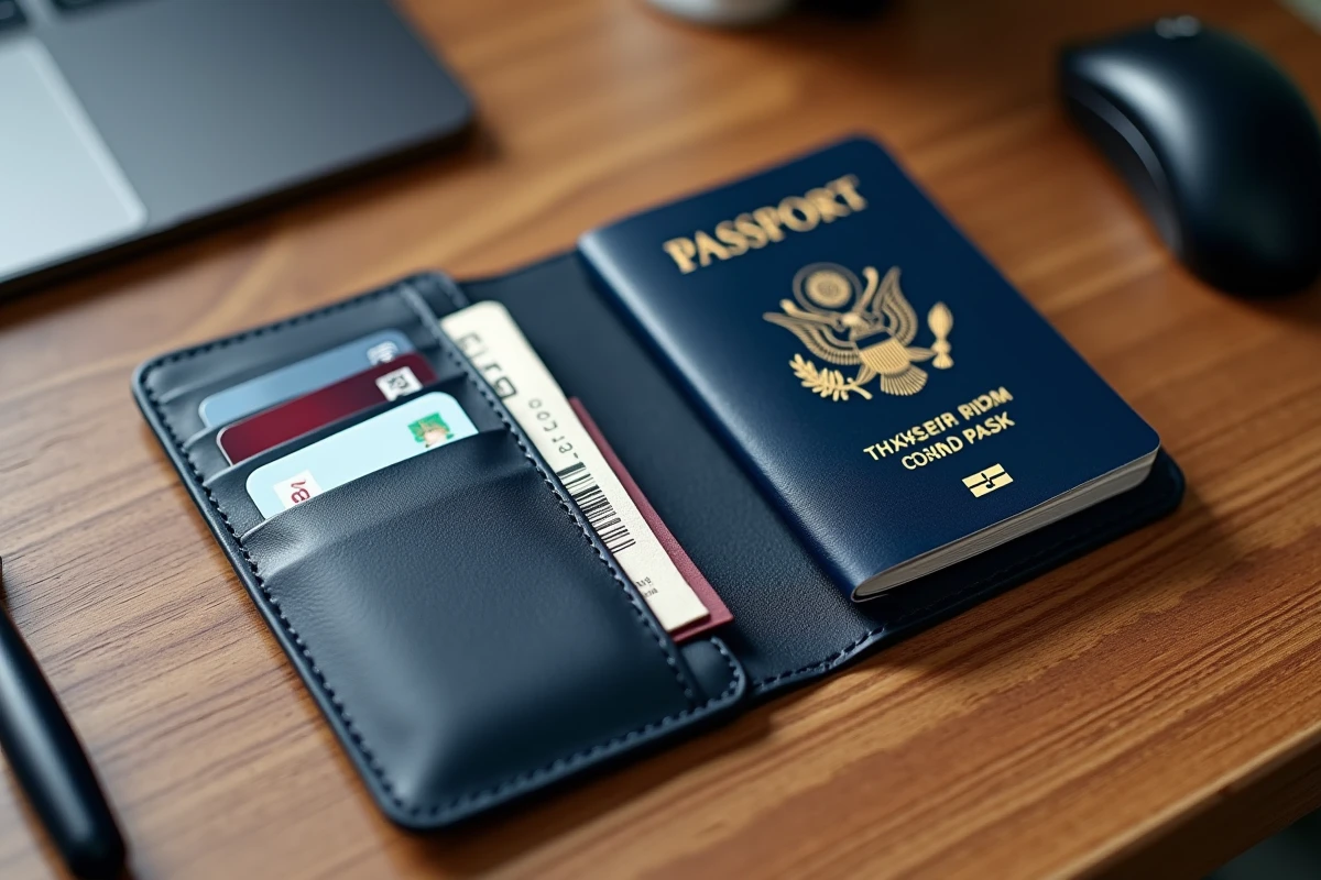 Porte-carte de voyage en cuir bleu marine ouvert avec passeport et cartes bancaires sur table en bois