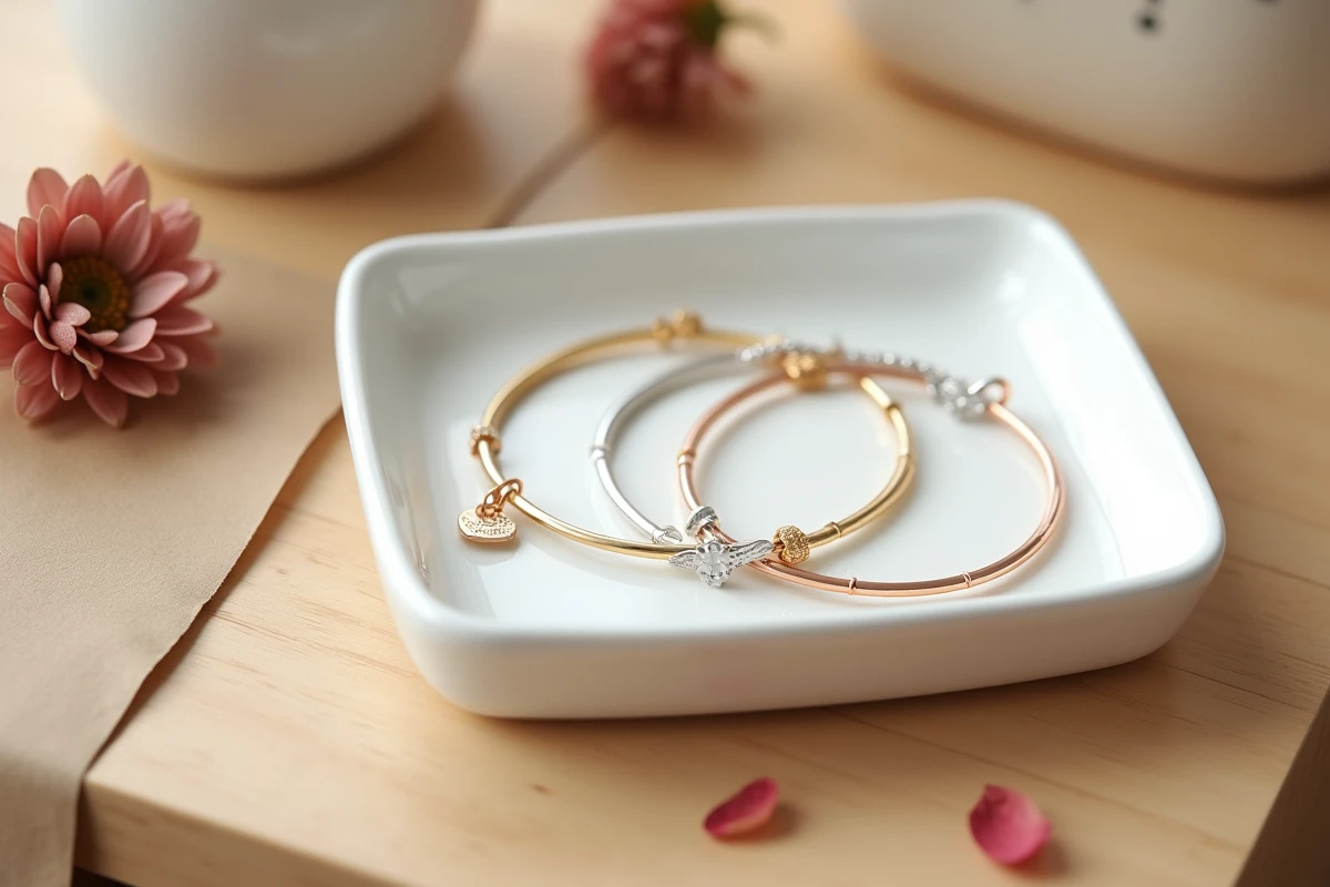 Présentation minimaliste de bracelets d'amour en or, argent et or rose sur un plateau en céramique blanche