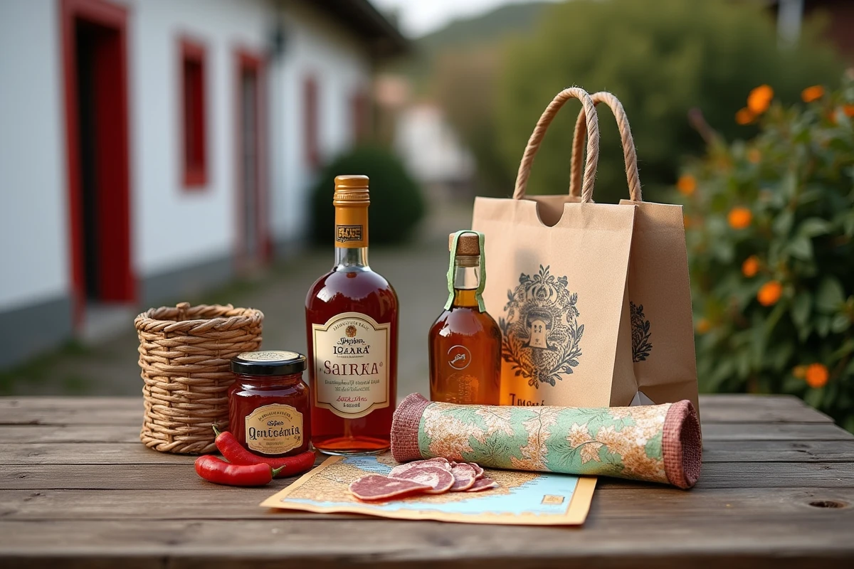 Produits régionaux basques achetés au magasin Dancharia disposés en flat lay sur une table en bois