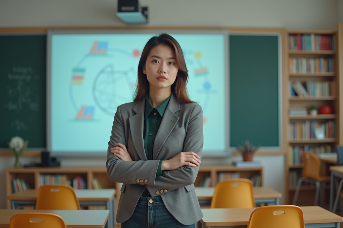Jeune enseignante devant un tableau interactif en classe moderne