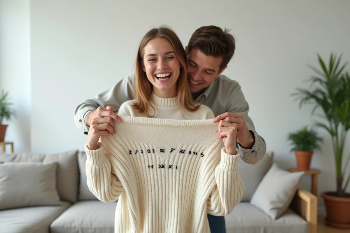 Femme tenant un pull à message brodé devant son partenaire dans un salon scandinave minimaliste