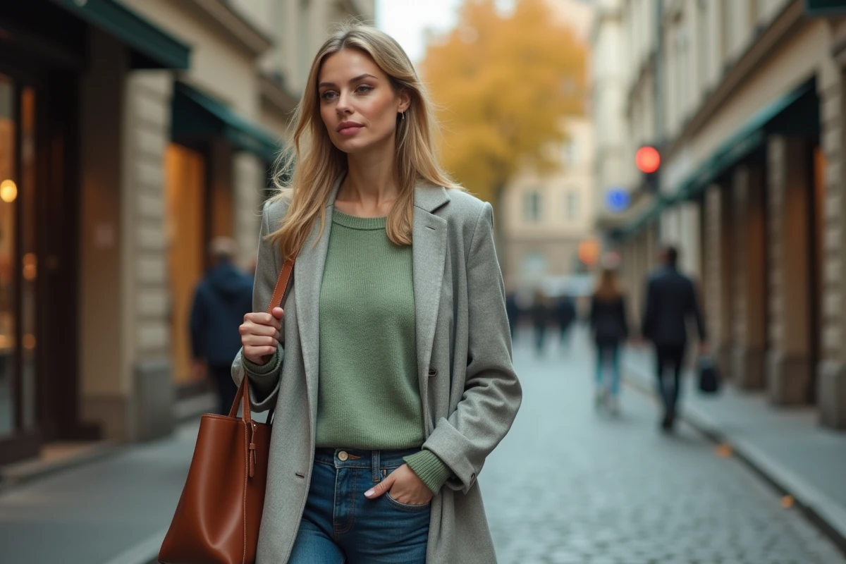 Femme en pull sans manche maille fine vert sauge sous un blazer oversize, marchant dans une rue pavée en automne