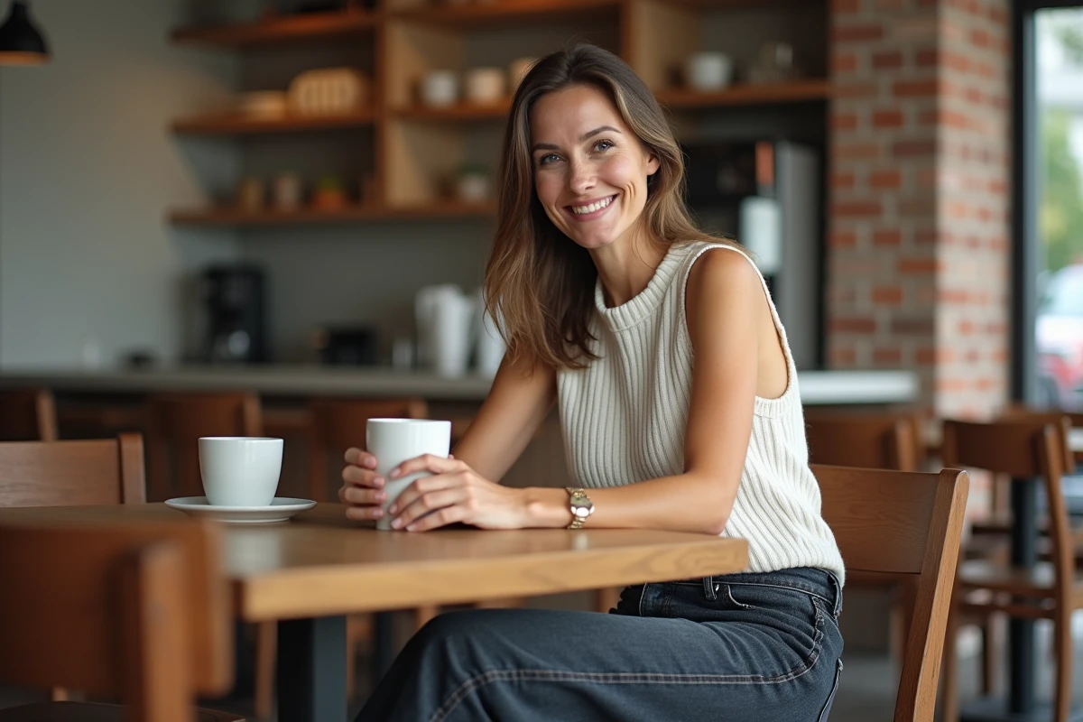 Femme assise dans un café portant un pull sans manche en maille fine ivoire avec un jean large, ambiance cosy