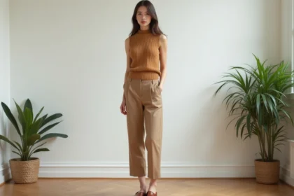 Femme portant un pull sans manche en maille fine couleur camel avec un pantalon taille haute dans un appartement parisien