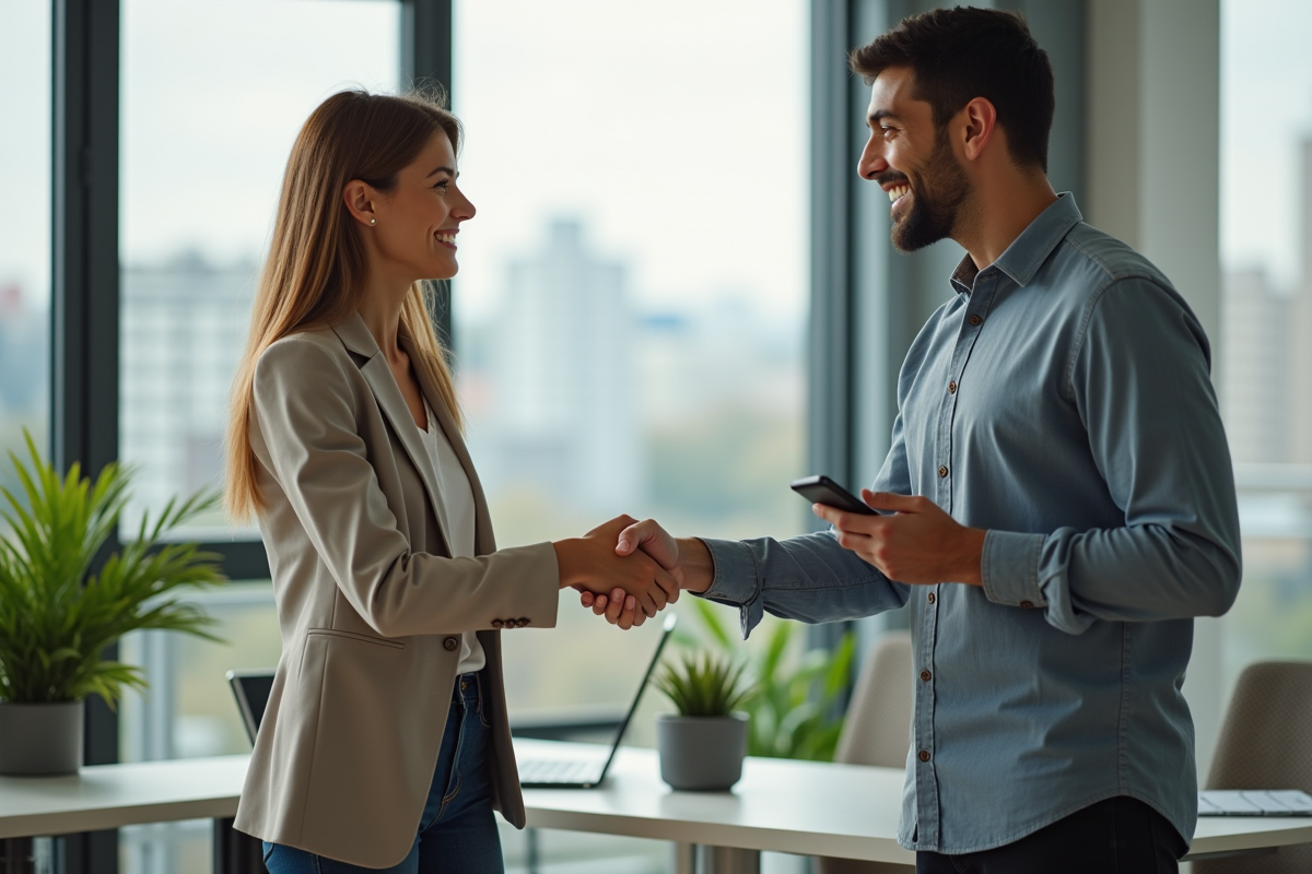 Femme et influenceur se serrant la main dans un bureau moderne