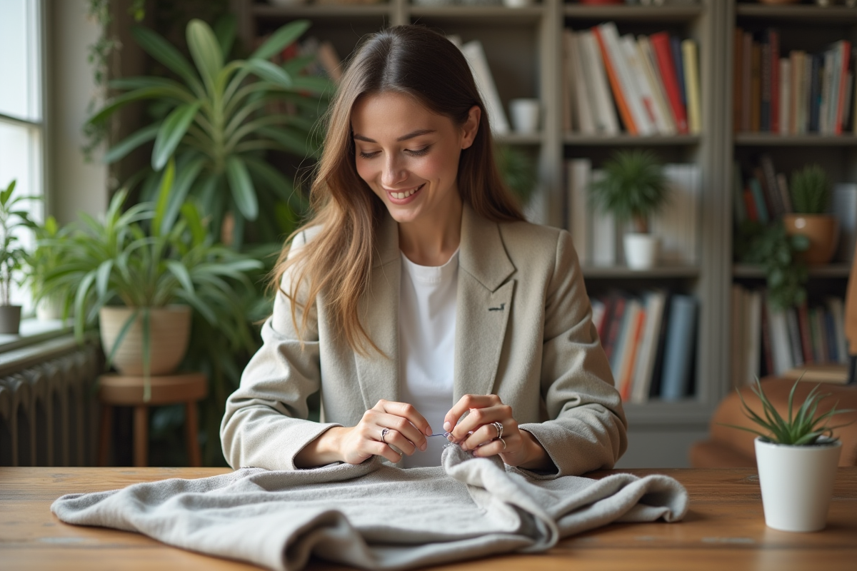 Jeune femme en blazer en lin répare un pull en laine écologique