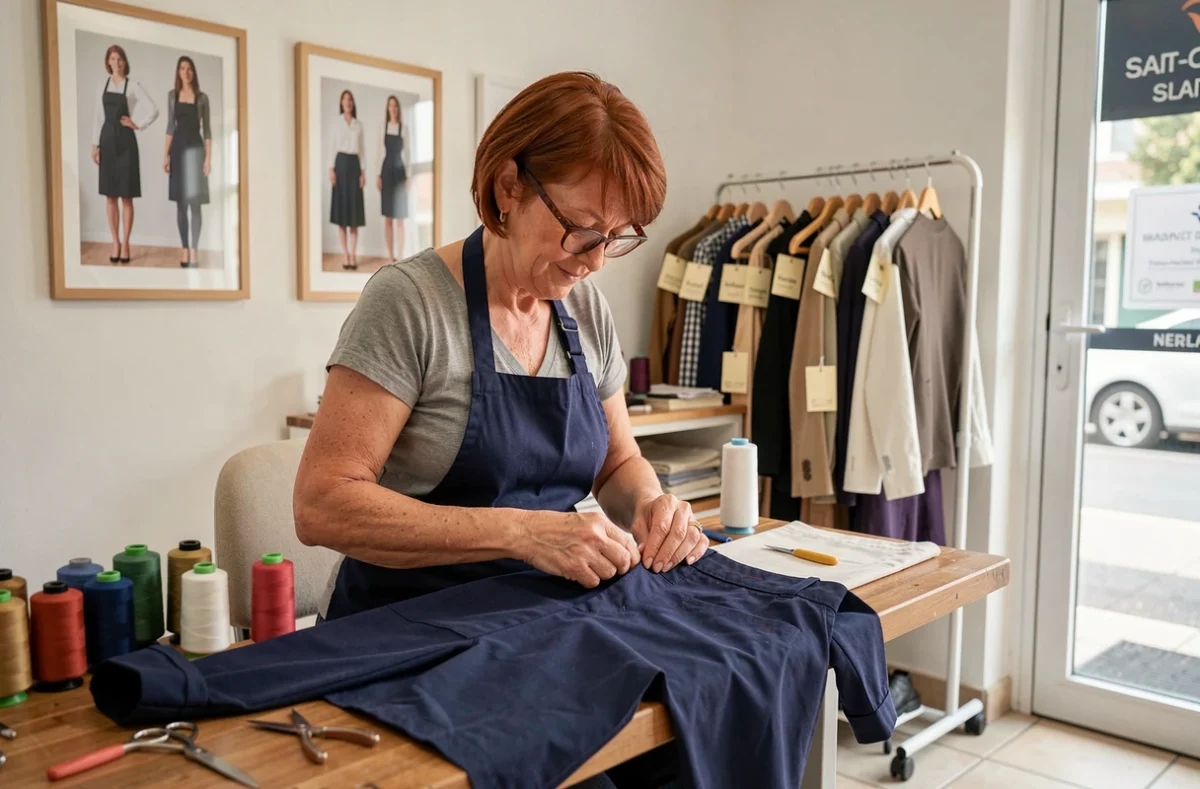Couturière effectuant une retouche sur un pantalon dans un atelier de couture à Saint-Cloud