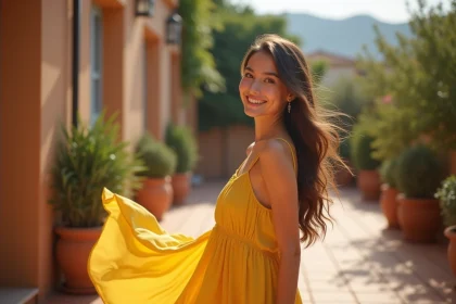 Jeune femme portant une robe d'été jaune fluide sur une terrasse méditerranéenne ensoleillée