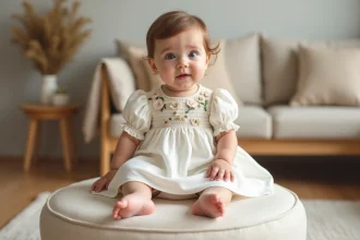 Robe de fête pour bébé fille en coton smocké ivoire avec broderies florales, portée lors d'une célébration familiale