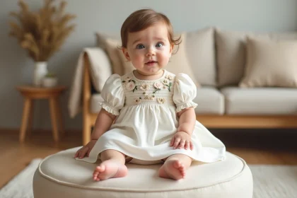 Robe de fête pour bébé fille en coton smocké ivoire avec broderies florales, portée lors d'une célébration familiale