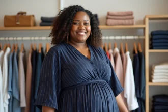 Femme ronde portant une robe midi fluide à rayures verticales en jersey marine, coupe A-line flatteuse pour ventre gonflé