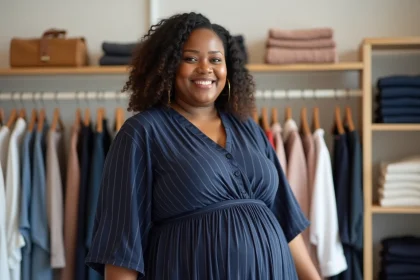 Femme ronde portant une robe midi fluide à rayures verticales en jersey marine, coupe A-line flatteuse pour ventre gonflé