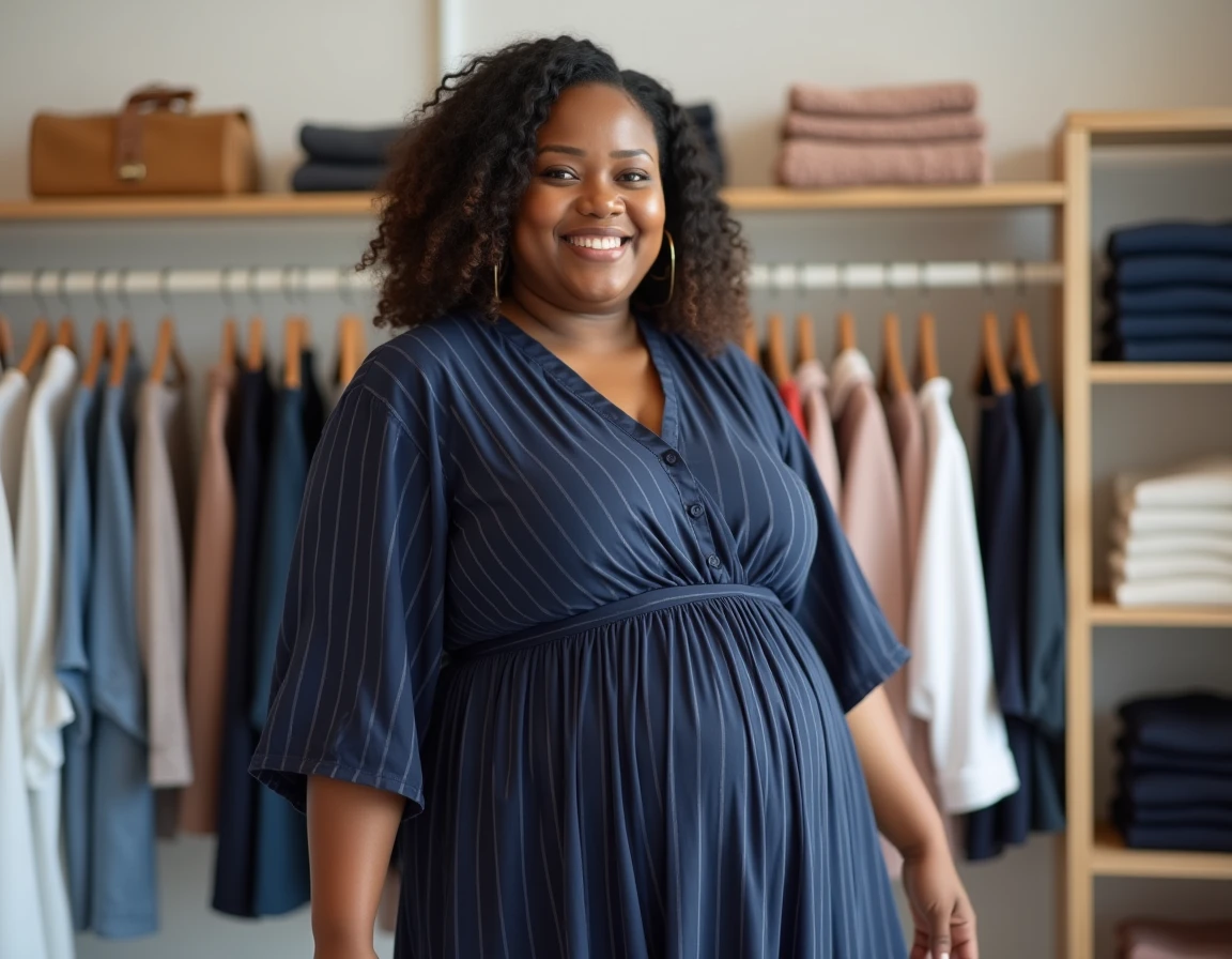 Femme ronde portant une robe midi fluide à rayures verticales en jersey marine, coupe A-line flatteuse pour ventre gonflé