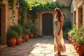 Femme portant une robe hippie longue à broderies florales dans une cour provençale ensoleillée, style bohème chic tendance 2026