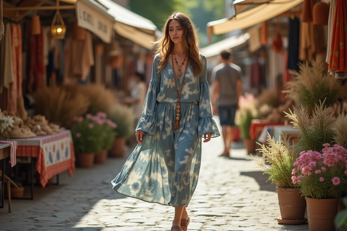Jeune femme en robe hippie tie-dye à manches évasées se promenant dans un marché artisanal bohème, look rétro tendance 2026