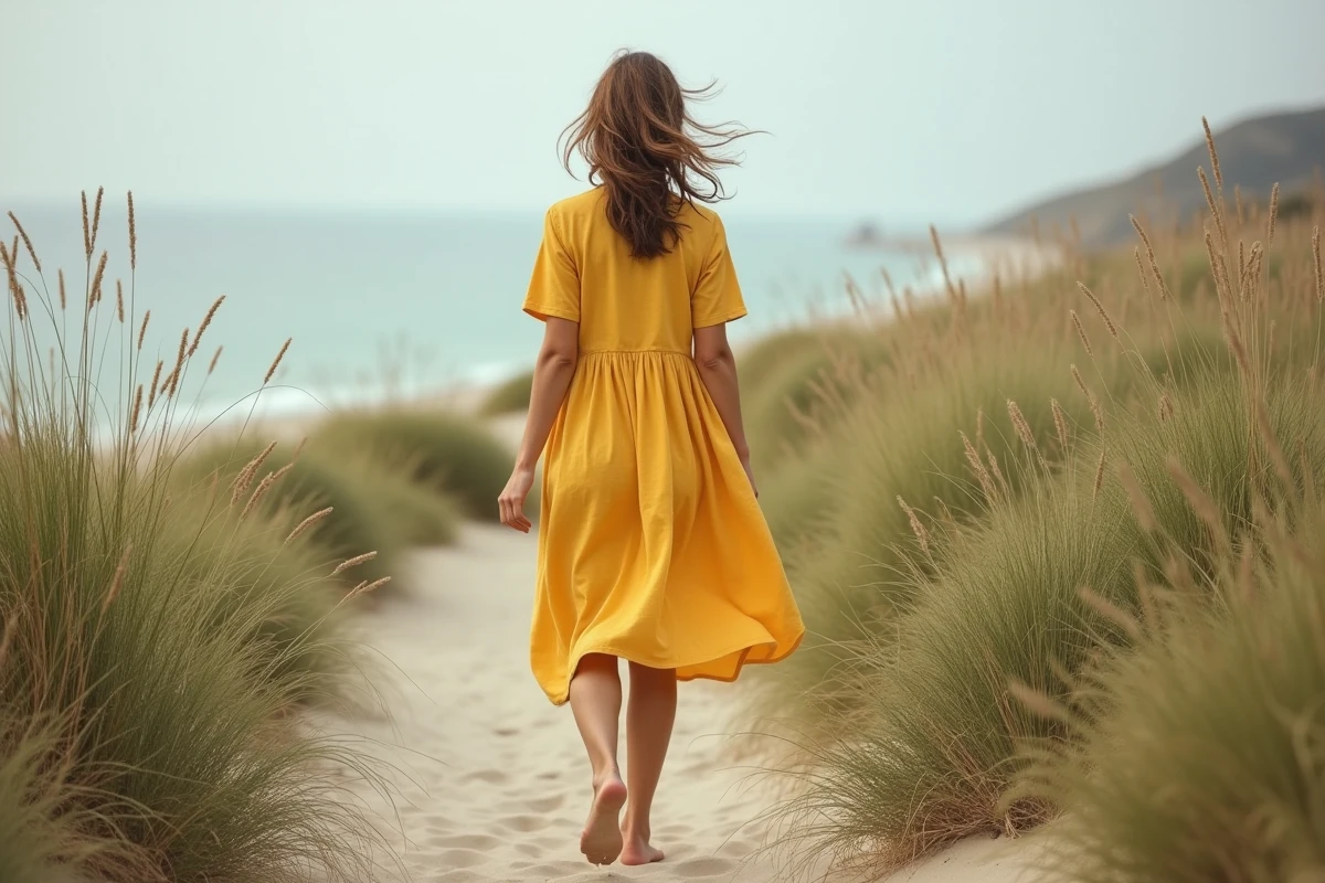 Femme en robe jaune fluide en lin se promenant pieds nus sur un chemin de sable près de la plage