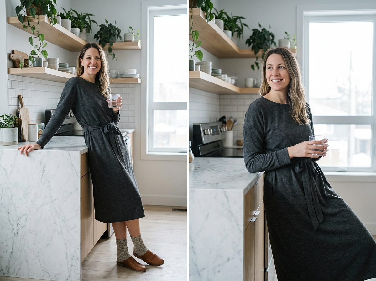 Femme en robe jersey gris ceinturée portée avec chaussettes épaisses dans une cuisine moderne lumineuse