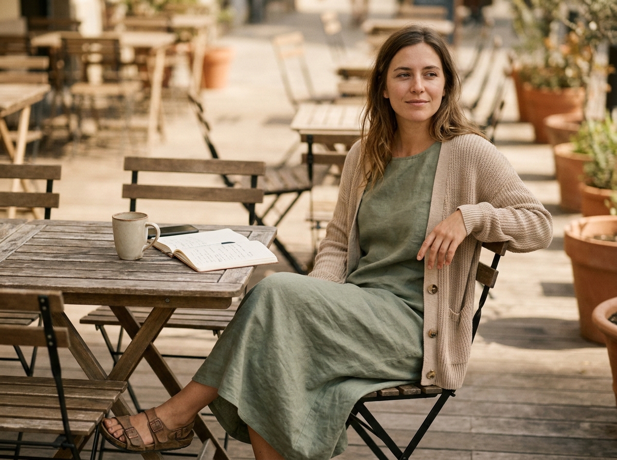 Femme en robe en lin vert sauge et cardigan tricoté attablée en terrasse de café avec carnet et café