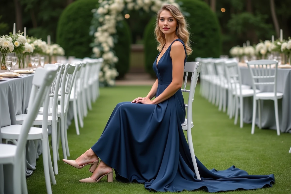 Femme en robe longue bleu marine satinée avec escarpins nude lors d'une réception de mariage en jardin