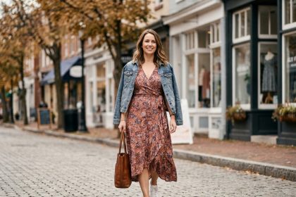 Femme en robe midi fleurie portée avec veste en jean et baskets blanches dans une rue pavée en automne