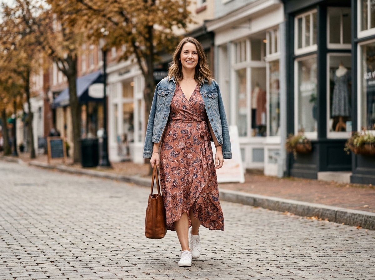 Femme en robe midi fleurie portée avec veste en jean et baskets blanches dans une rue pavée en automne