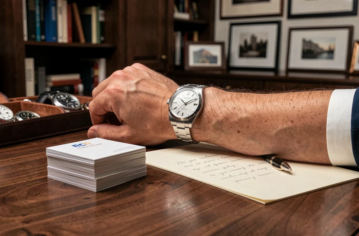 Gros plan d'un poignet portant une Rolex Datejust posé sur un bureau en noyer, entouré de cartes de visite et d'une note manuscrite évoquant la collection de montres