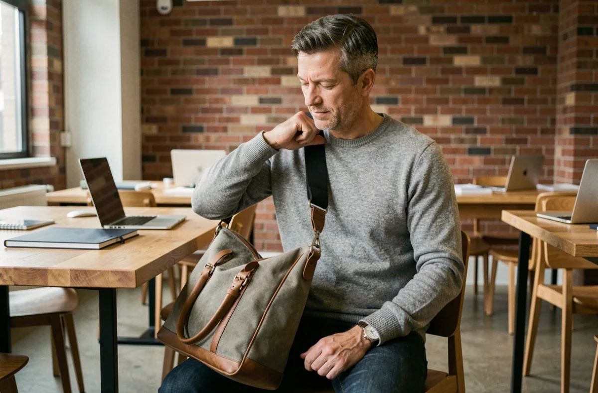 Homme ajustant une grande sacoche à bandoulière ergonomique dans un espace de coworking