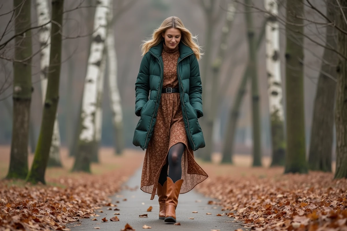 Femme marchant dans un parc hivernal en santiags cognac, collants foncés, robe fleurie et manteau puffer vert ceinturé