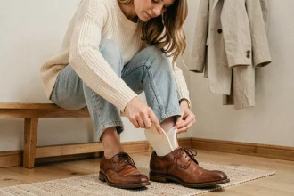 Femme insérant une semelle épaisse dans une chaussure en cuir trop grande pour réduire l'espace intérieur