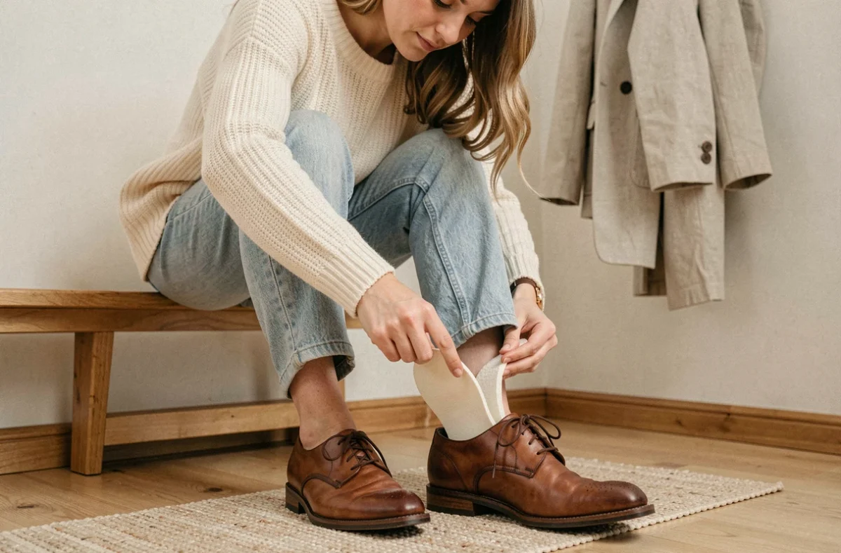 Femme insérant une semelle épaisse dans une chaussure en cuir trop grande pour réduire l'espace intérieur
