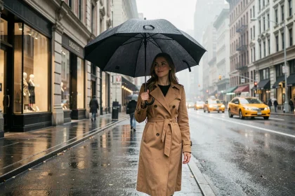 Femme marchant sous un parapluie sur la 5e Avenue à New York sous la pluie en automne, reflets sur le pavé mouillé