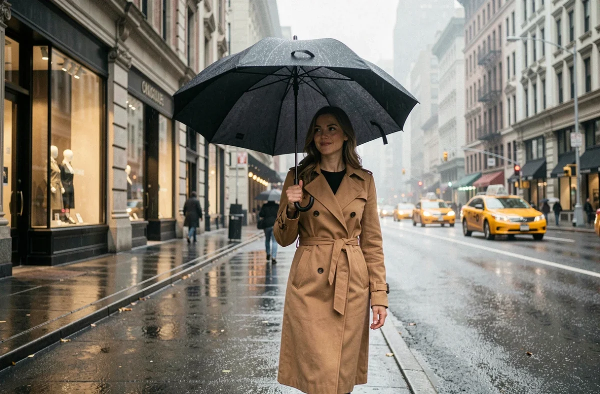 Femme marchant sous un parapluie sur la 5e Avenue à New York sous la pluie en automne, reflets sur le pavé mouillé