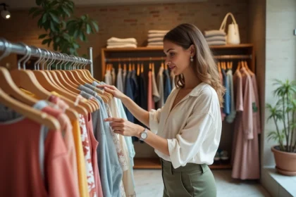 Femme faisant du shopping dans une boutique italienne élégante à Milan pendant les soldes d'été 2026