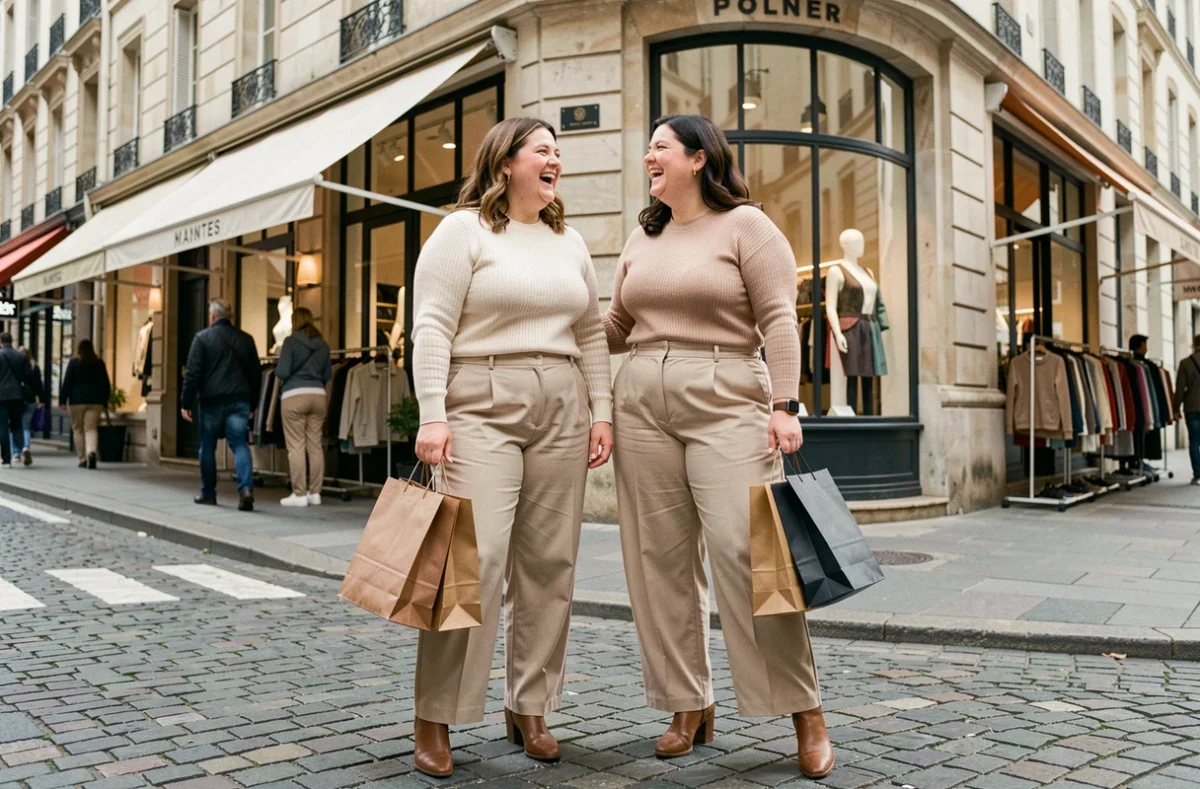 Deux femmes grande taille souriantes sortant d'un magasin de vêtements dans une rue commerçante de Nantes