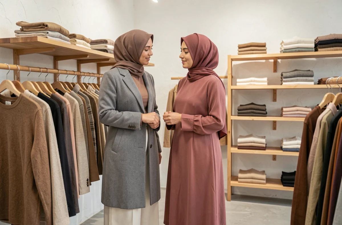 Deux femmes musulmanes choisissant des vêtements modestes et minimalistes dans une boutique éthique aux tons naturels, illustration du concept Wassat