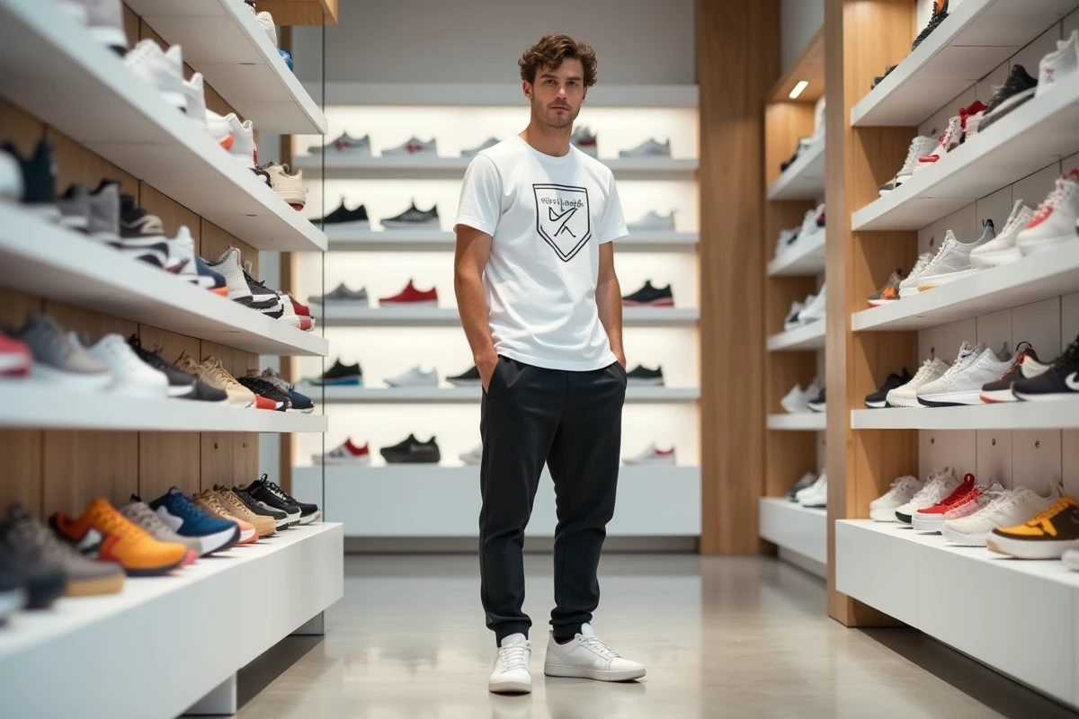 Jeune homme sneakerhead dans une boutique Snatch à Lorient, entouré de sneakers en édition limitée sur des étagères design