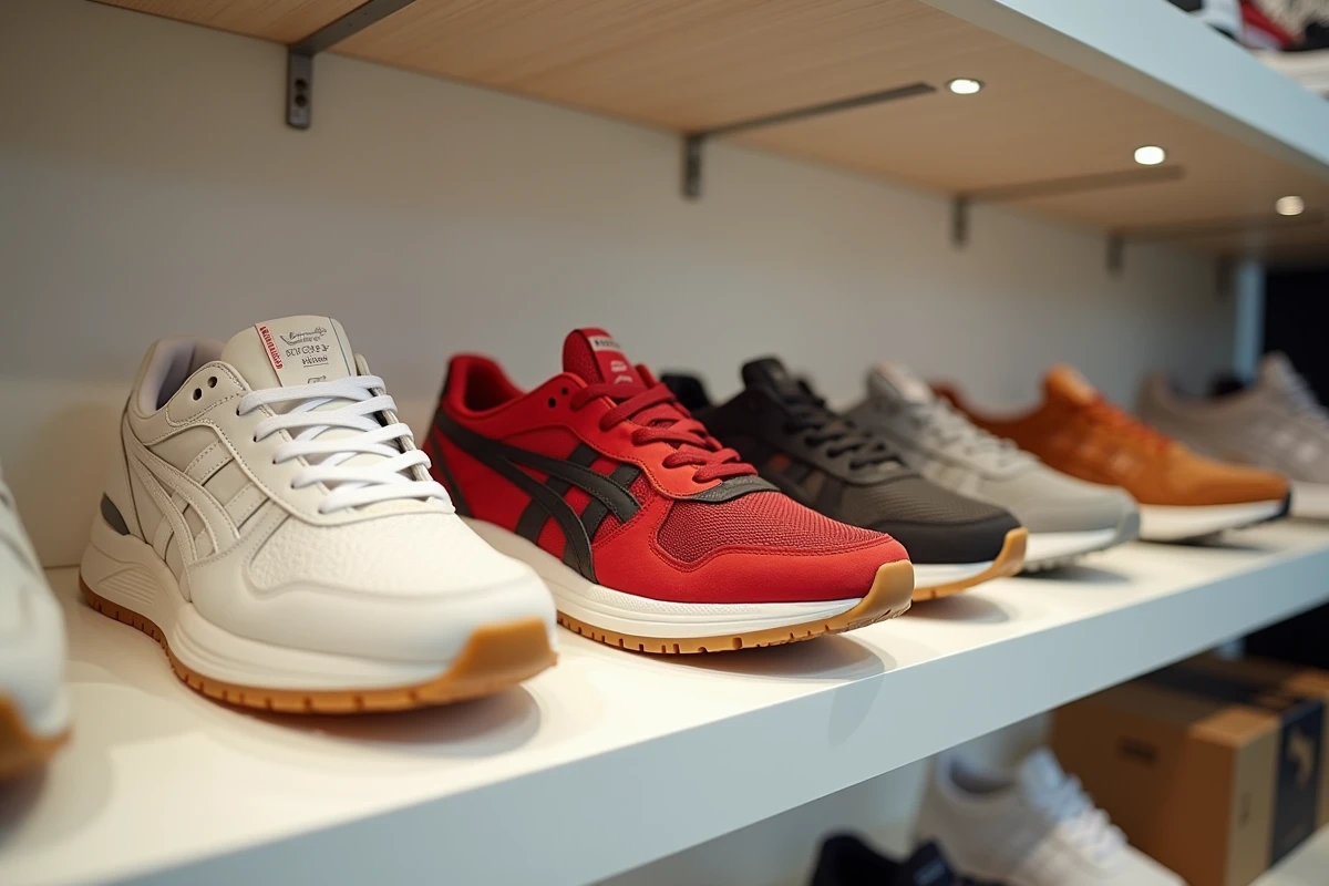 Gros plan sur des sneakers en édition limitée exposées dans une boutique sneakers à Lorient, détail des matières et coloris