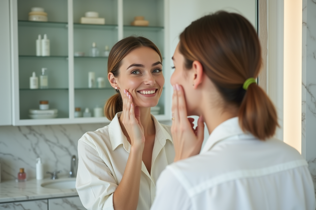 Femme souriante avec peau éclatante devant miroir de salle de bain