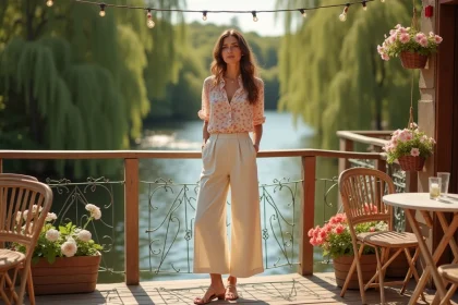 Femme en pantalon en lin taille haute crème et blouse fleurie sur la terrasse d'une guinguette au bord de l'eau