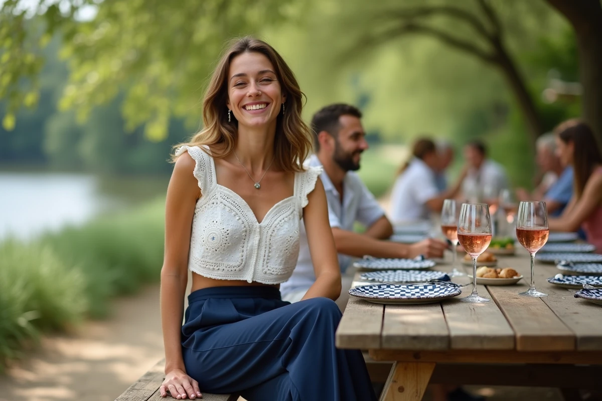 Femme en pantalon palazzo marine et top broderie anglaise assise à une guinguette en bord de rivière