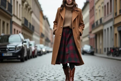 Femme en tenue hivernale avec santiags marron, collants noirs, jupe midi en laine à carreaux et long manteau camel dans une rue pavée