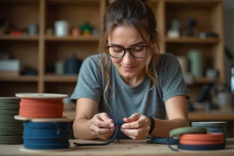 Femme apprenant à nouer un bracelet paracord avec un nœud cobra sur un établi en bois entouré de fils colorés