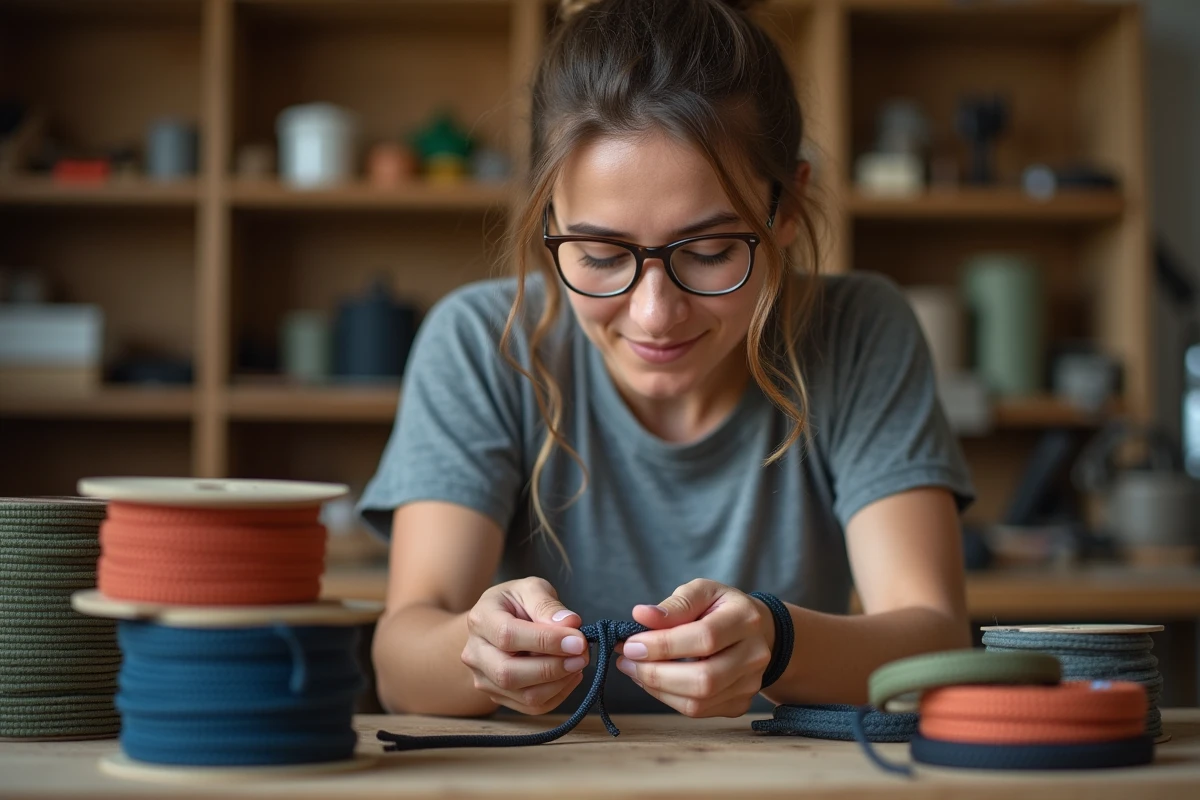Femme apprenant à nouer un bracelet paracord avec un nœud cobra sur un établi en bois entouré de fils colorés