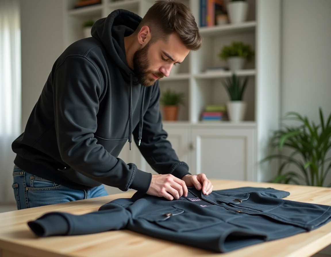 Homme inspectant les détails d'une veste de marque d'occasion pour vérifier son authenticité